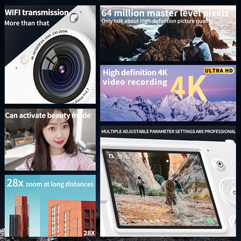 Digital Camera 64MP 28X Optical Zoom 1080P FHD Kids Camera Point and Shoot Camera Vlogging