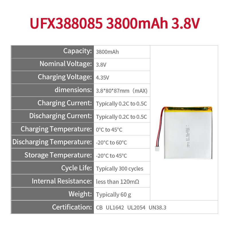 Custom Batteries Lithium Ion High Capacity UFX 388085 3800mAh 3.8V With Certificate For Tablet Computer