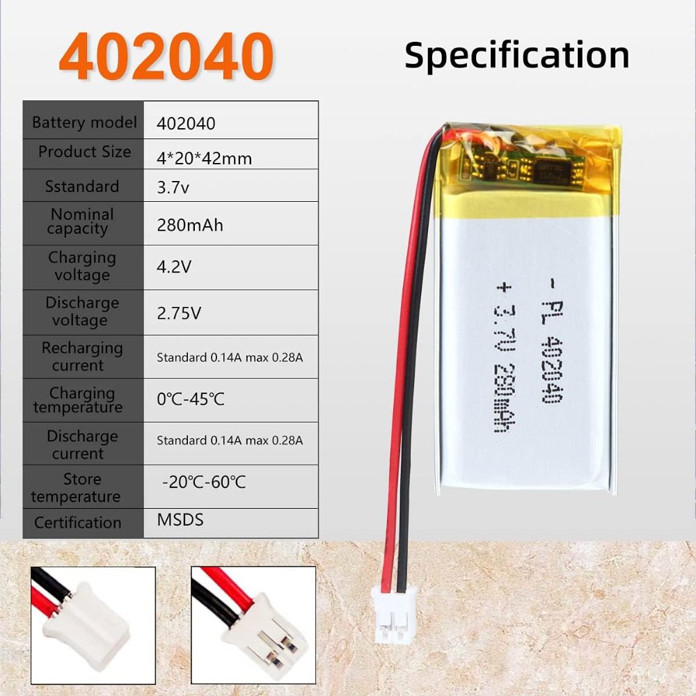 3.7V 402040 280mAh Lipo Battery Rechargeable Lithium Polymer ion Battery with PH2.0mm JST Connector 402040 small lipo battery