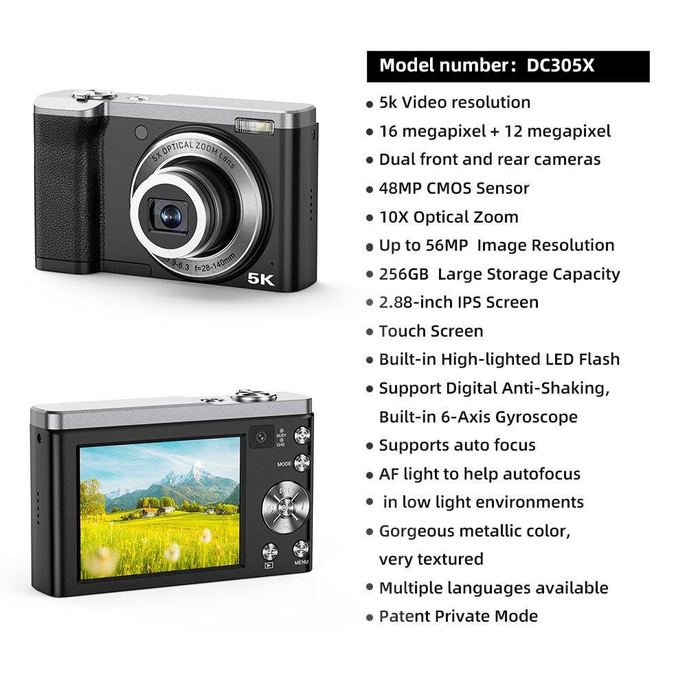 High Definition 5K 56MP 48MP 10X 5X Optical Zoom Digital Camera with 2.8'' IPS Screen and 5k Video