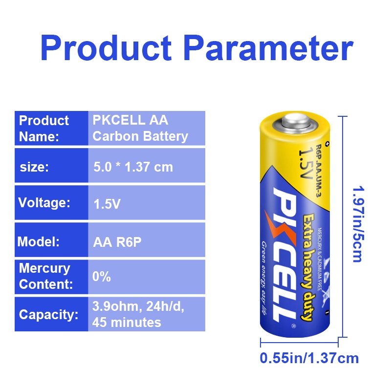 pkcell dry battery r6p 1.5v non rechargeable carbon zinc aa batteries