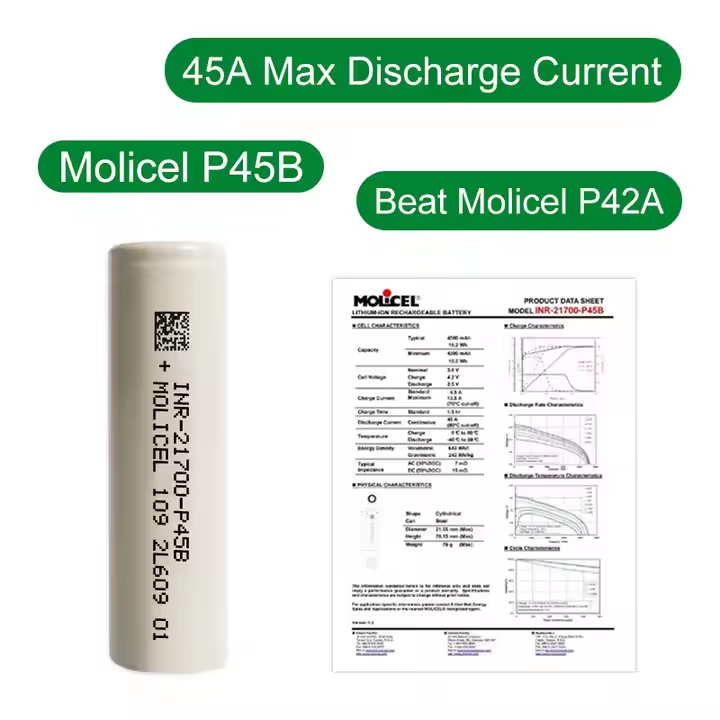 100% Original P45B MOLICEL 4500mAh 45A INR21700-P45B Rechargeable 21700 Li Ion Battery Cell With High Capacity