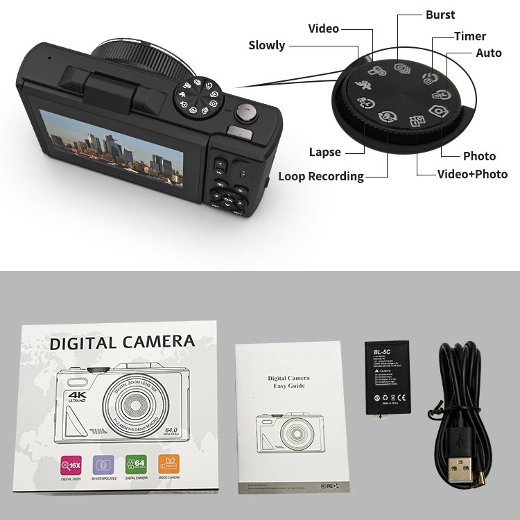 New 3.0 inch 180 Degree Flip Screen 18X Digital Zoom 4K 64MP WIFI Digital Camera for Photography, Vlogging, Live Streaming