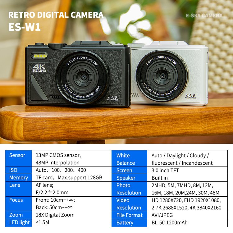 New 3.0 inch 180 Degree Flip Screen 18X Digital Zoom 4K 64MP WIFI Digital Camera for Photography, Vlogging, Live Streaming