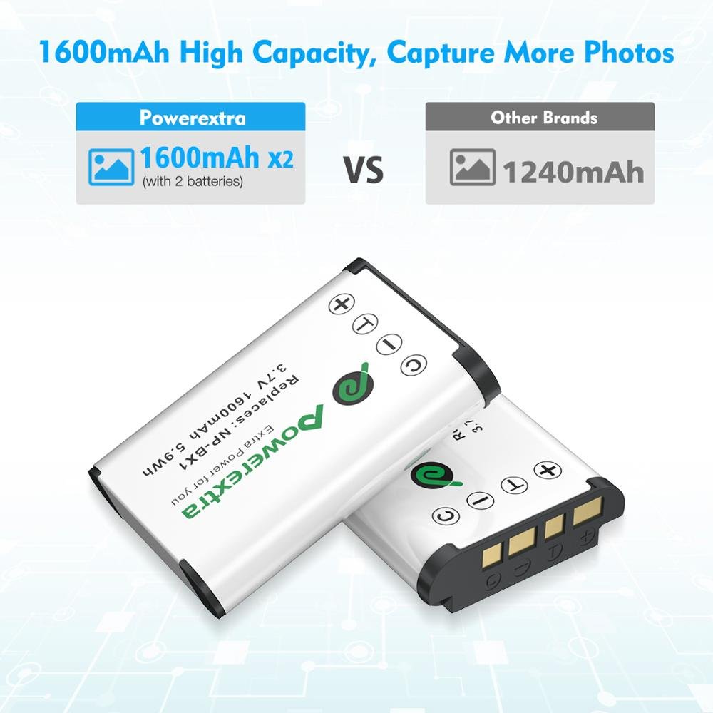 Powerextra Replacement Battery Np-Bx1 Npbx1 1600mAh 3.7V Digital Camera Lithium Ion Battery Rechargeable Set