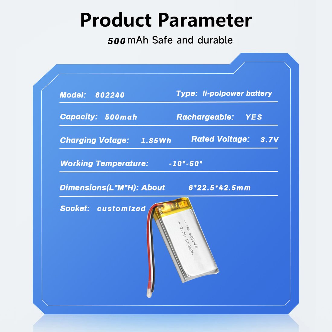 OEM ODM customized 500mah 400mah 602240 602040 502040 LP602240 li-ion 3.7v rechargeable Lipo Polymber lithium ion battery