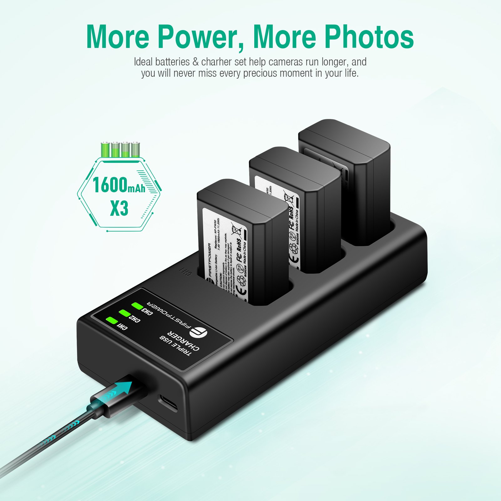 NP-FW50 Battery 3-Pack Triple Slot Charger Battery For So ny A6000 A6300 A6400 A6500 A7 A7II A7RII
