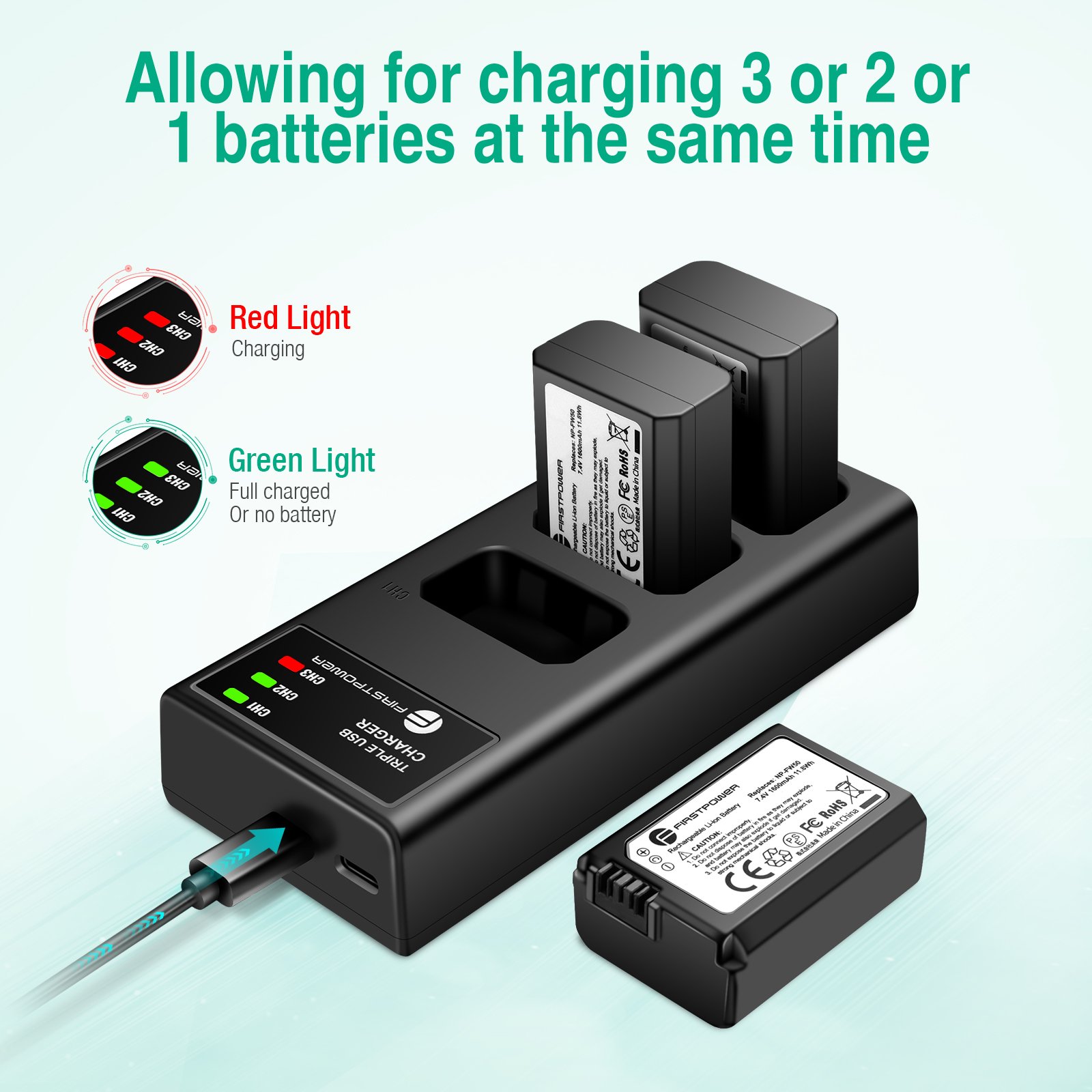 NP-FW50 Battery 3-Pack Triple Slot Charger Battery For So ny A6000 A6300 A6400 A6500 A7 A7II A7RII