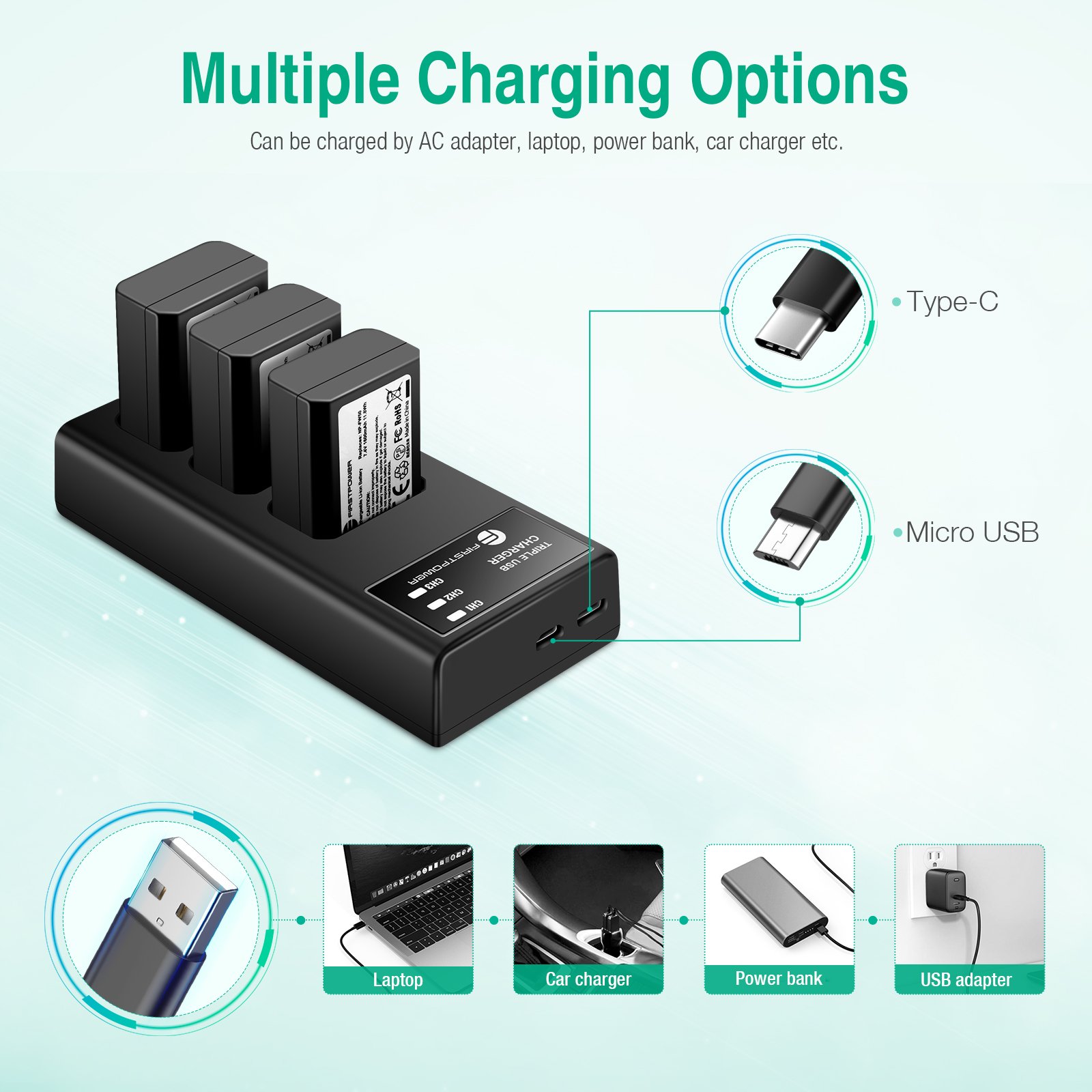 NP-FW50 Battery 3-Pack Triple Slot Charger Battery For So ny A6000 A6300 A6400 A6500 A7 A7II A7RII