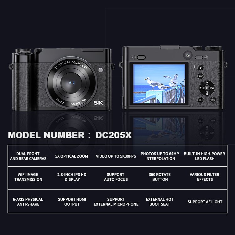 3X Optical 5K 64MP 2.8" mini professional retro compact video point and shoot video vlog camera 4k digital cameras