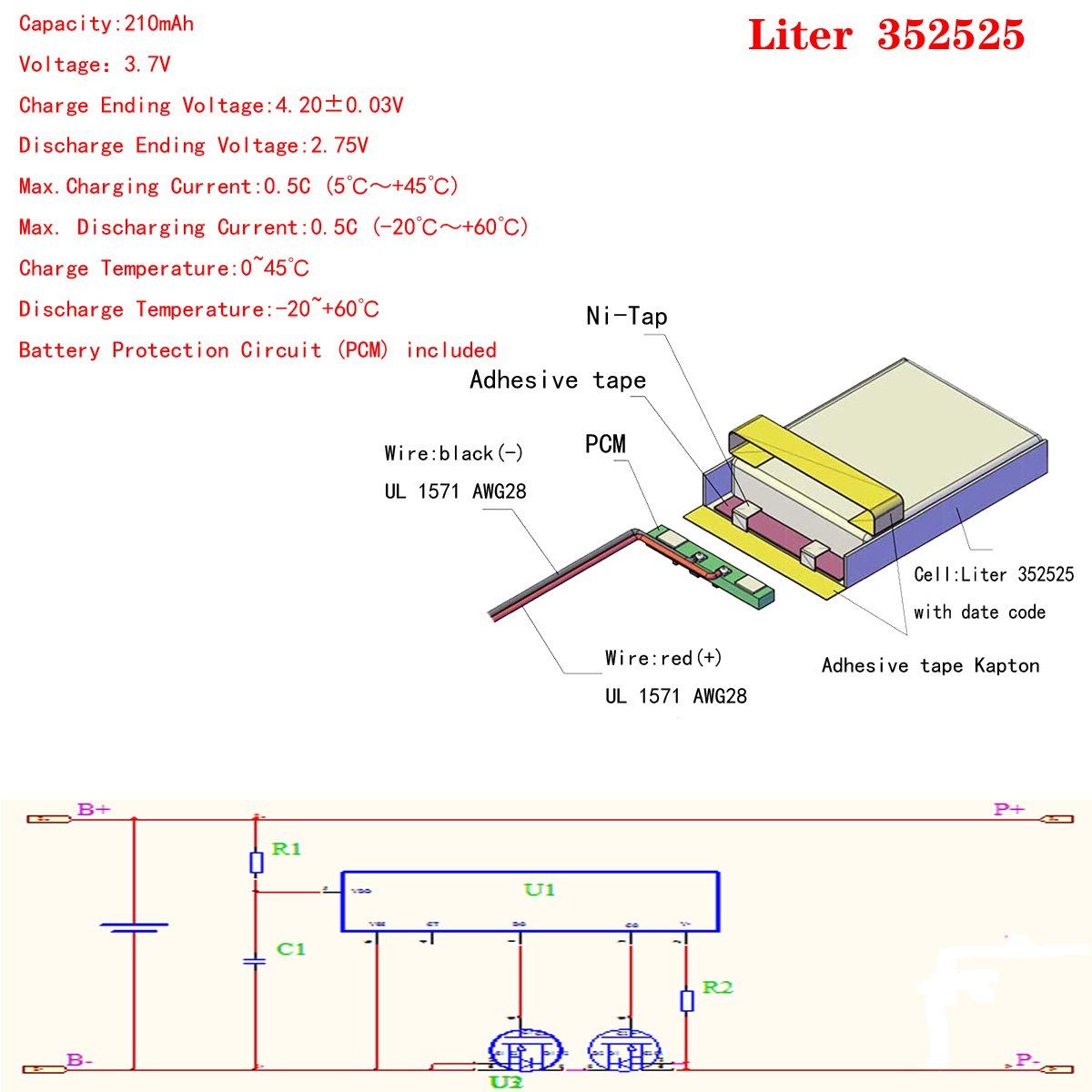 Li ion 3.7v 210mAh 352525 rechargeable li-polymer battery pack with PCB for digital products