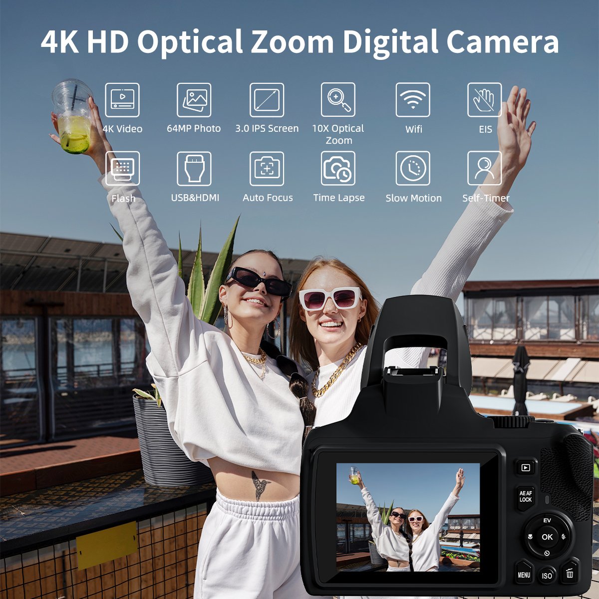 Newest 4K 64MP HD 10X Optical Zoom Digital Camera 3.0 Inch IPS Screen DSLR Camera with Wifi&EIS&Flash Function Vlogging Camera