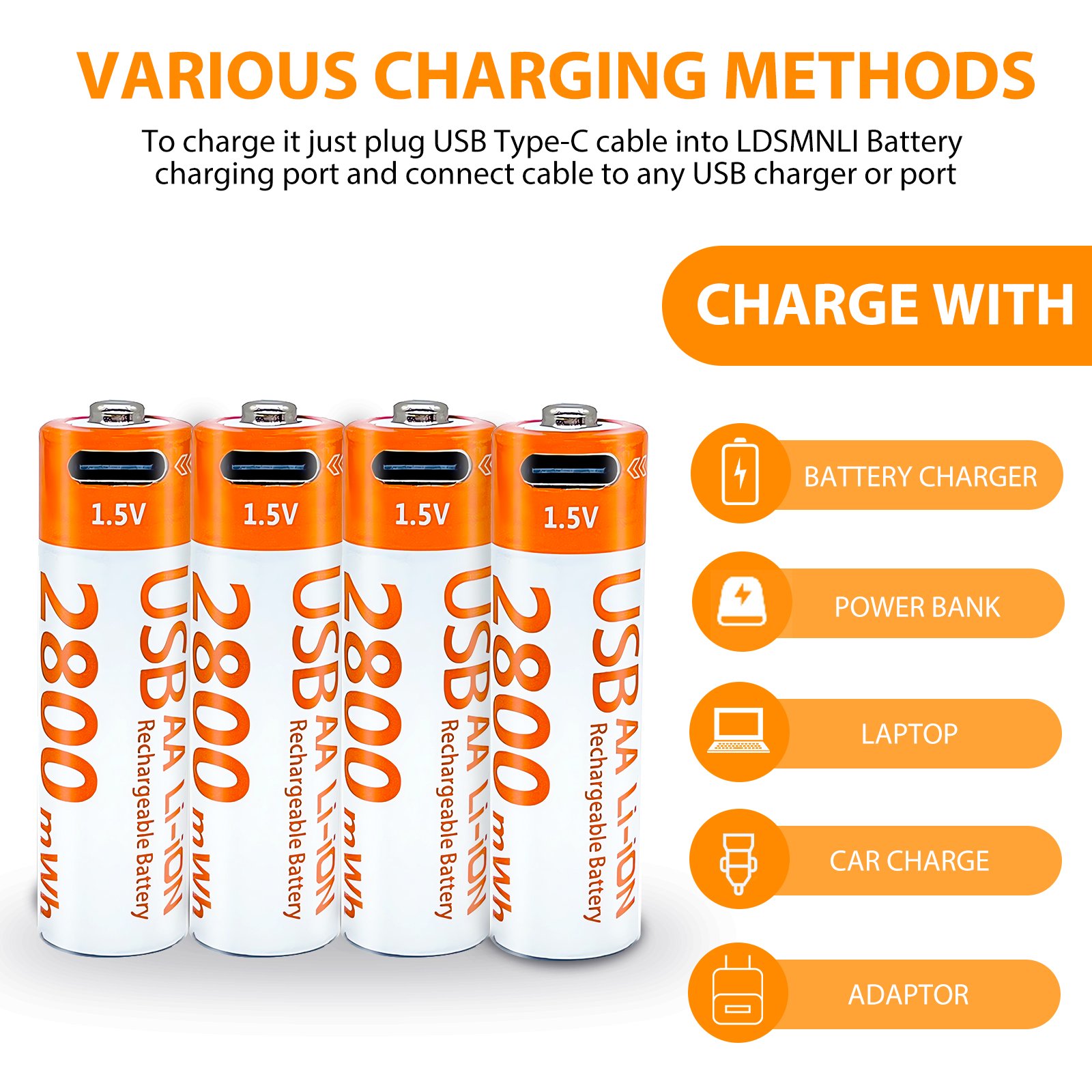 1.5V AA 2800mWh battery 4 lithium-ion USB-rechargeable batteries for LED flashlight appliance toys