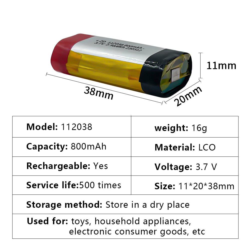 China factory can customize high quality digital products 3.7V 800mAh 112038 rechargeable cylindrical lithium-ion battery
