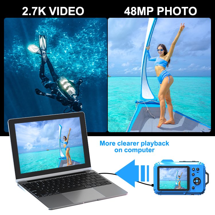 Waterproof Camera 48MP Underwater HD 2.7K Video Recorder 32.8 FT Optical Zoom Digital Swimming Camera for Snorkeling Diving