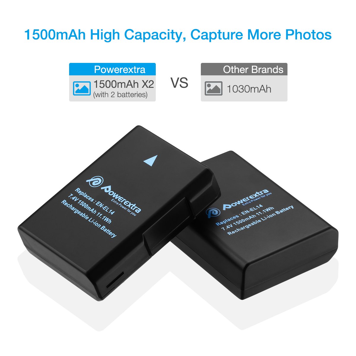 Powerextra Full Decoded ENEL14 Rechargeable 7.4V 1500mAh Li-ion Replacement Lithium Camera Battery For Nikon