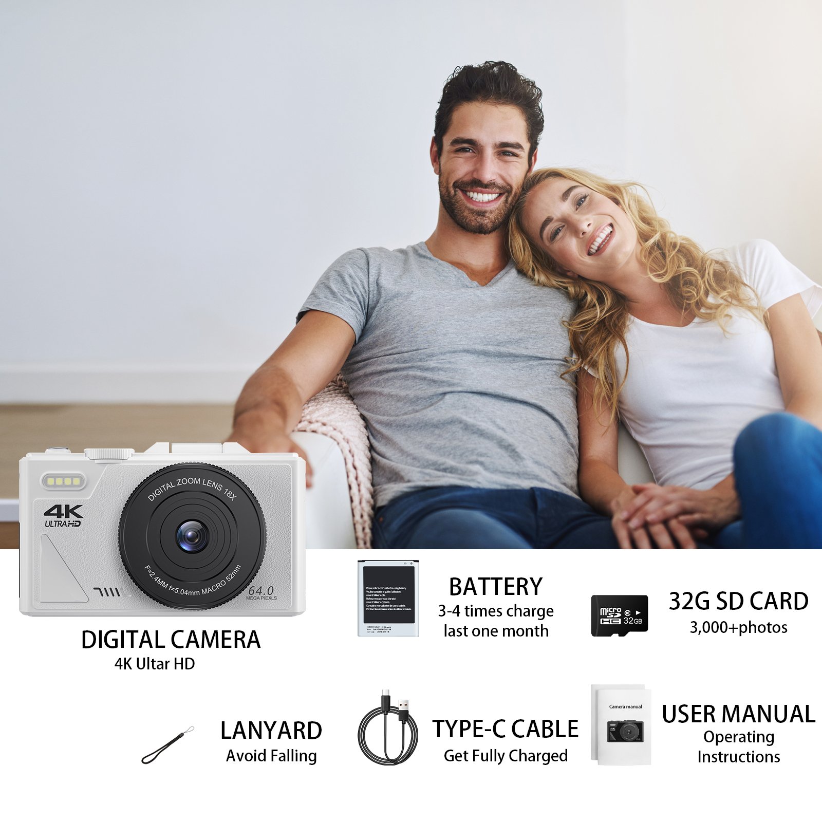 Digital Camera Portable Camera 64MP 3" 180 degree LCD Flip Screen Point and Shoot Camera with SD Card for Kids Student