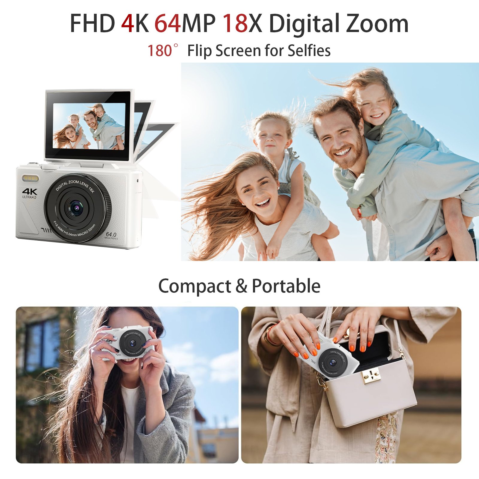 Digital Camera Portable Camera 64MP 3" 180 degree LCD Flip Screen Point and Shoot Camera with SD Card for Kids Student