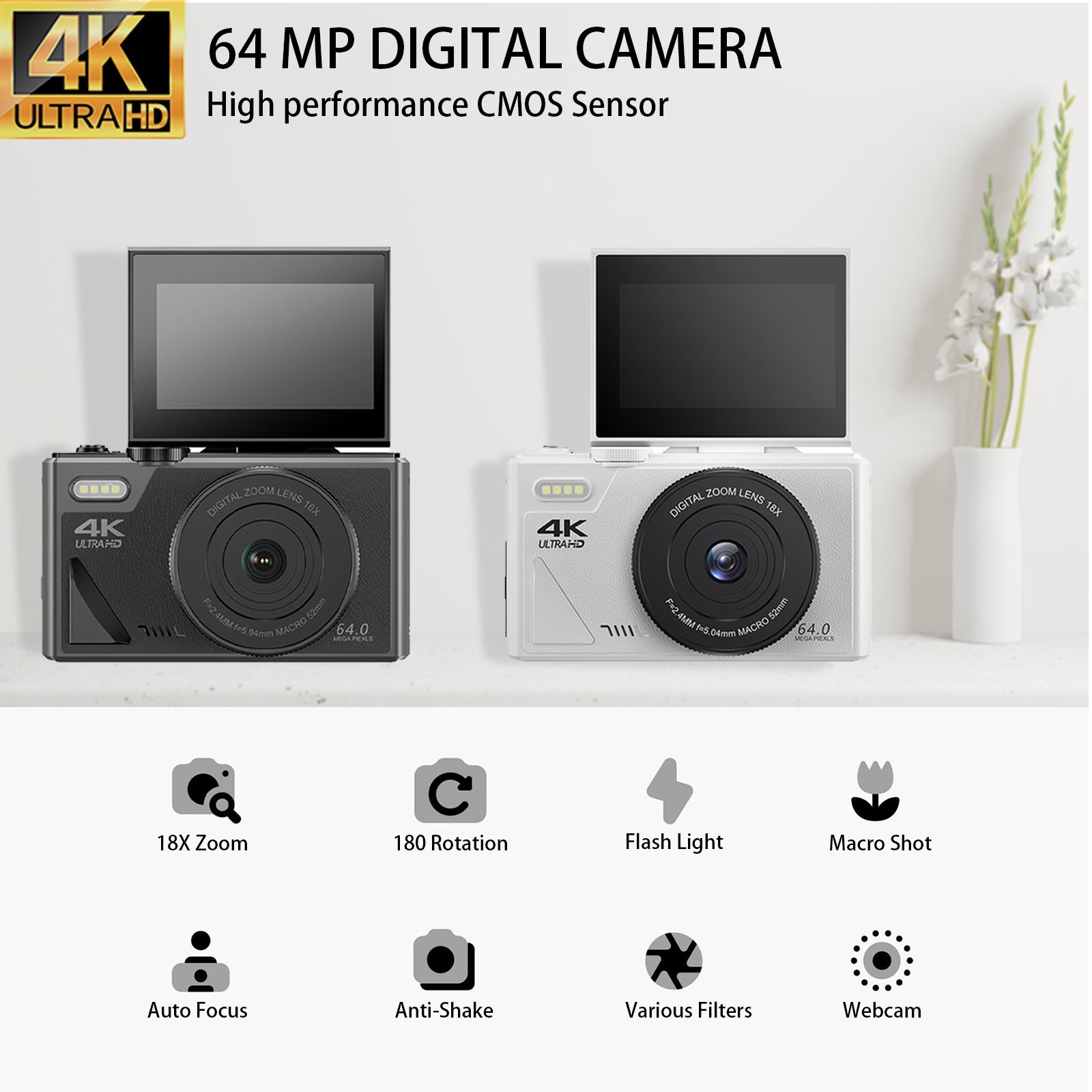 Digital Camera Portable Camera 64MP 3" 180 degree LCD Flip Screen Point and Shoot Camera with SD Card for Kids Student