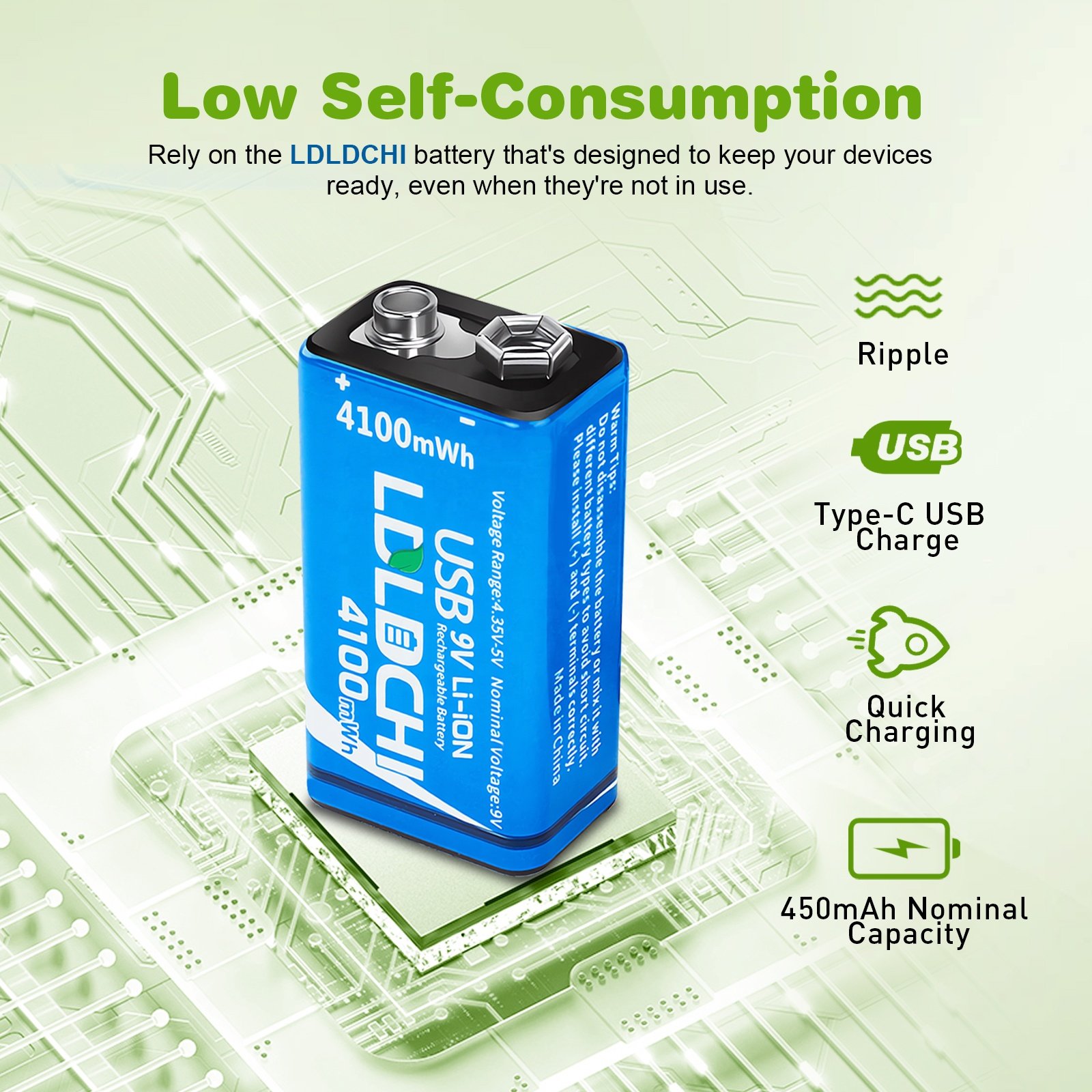 OEM 4100mWh 1100mAh cell Type-C Charger Portable Lithium USB 9v rechargeable battery for LED lamp Smoke Detector