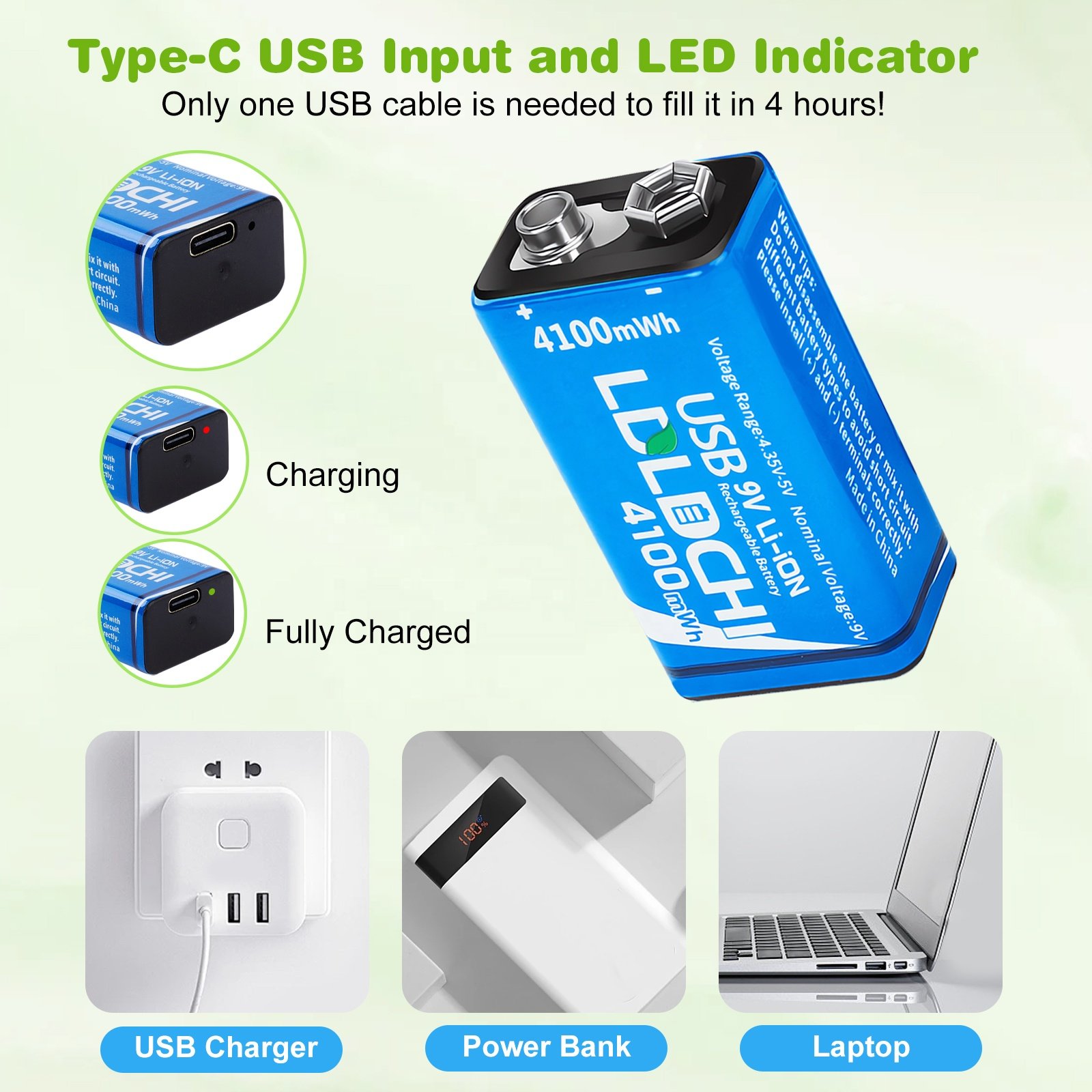 OEM 4100mWh 1100mAh cell Type-C Charger Portable Lithium USB 9v rechargeable battery for LED lamp Smoke Detector