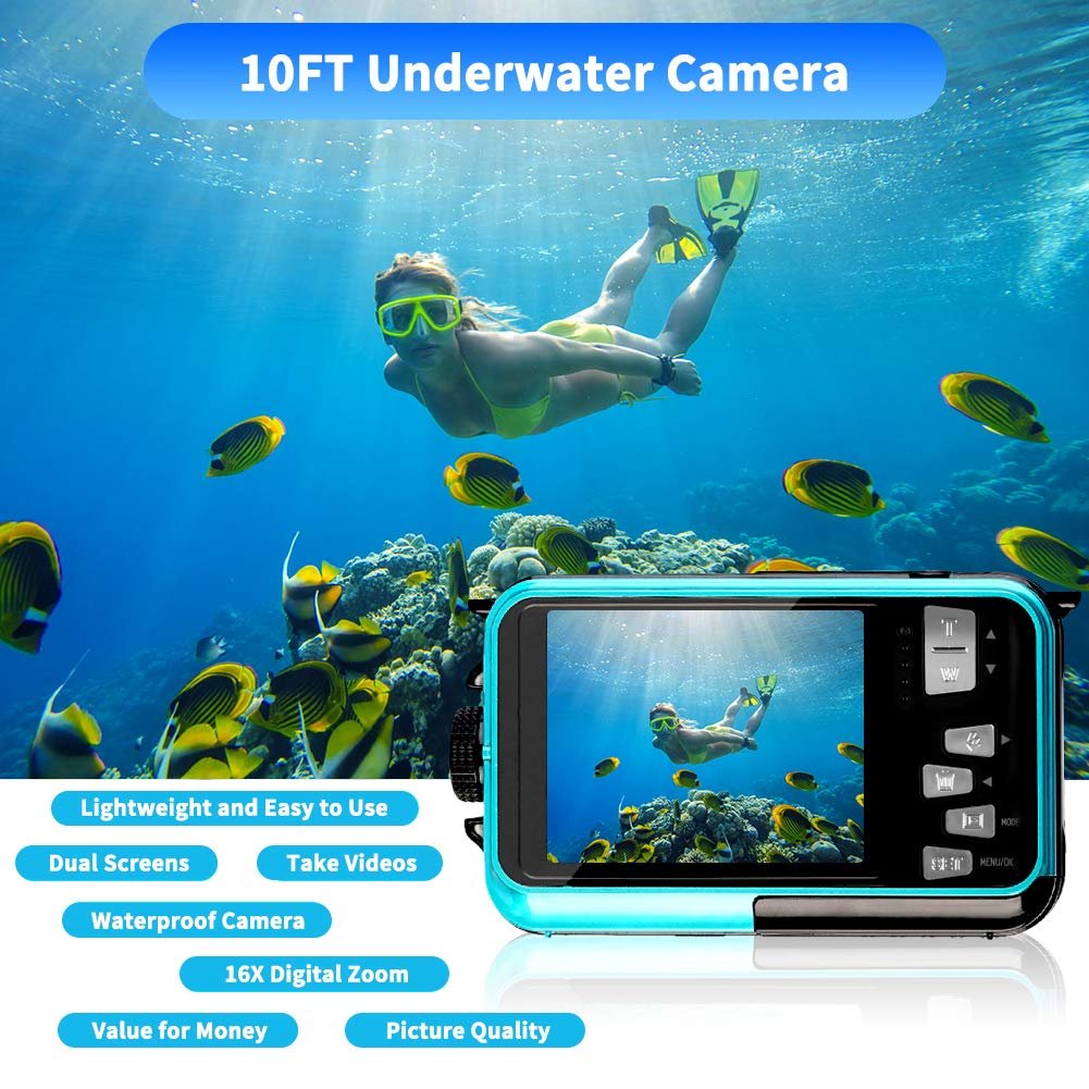 Underwater Cameras FHD 2.7K, Digital Selfie Dual Screen Camera 48MP Waterproof Camcorder