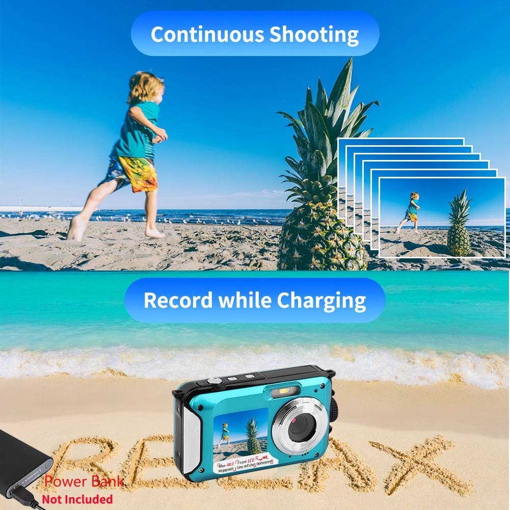 Underwater Cameras FHD 2.7K, Digital Selfie Dual Screen Camera 48MP Waterproof Camcorder