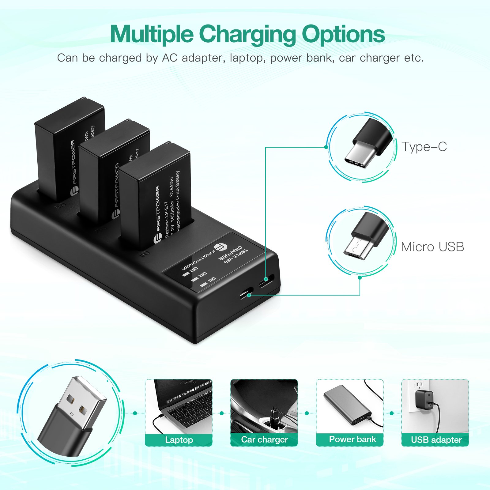Cheap High Quality Portable Micro USB Type-c Triple Fast Rechargeable Camera Battery Charger With 3 Camera Batteries