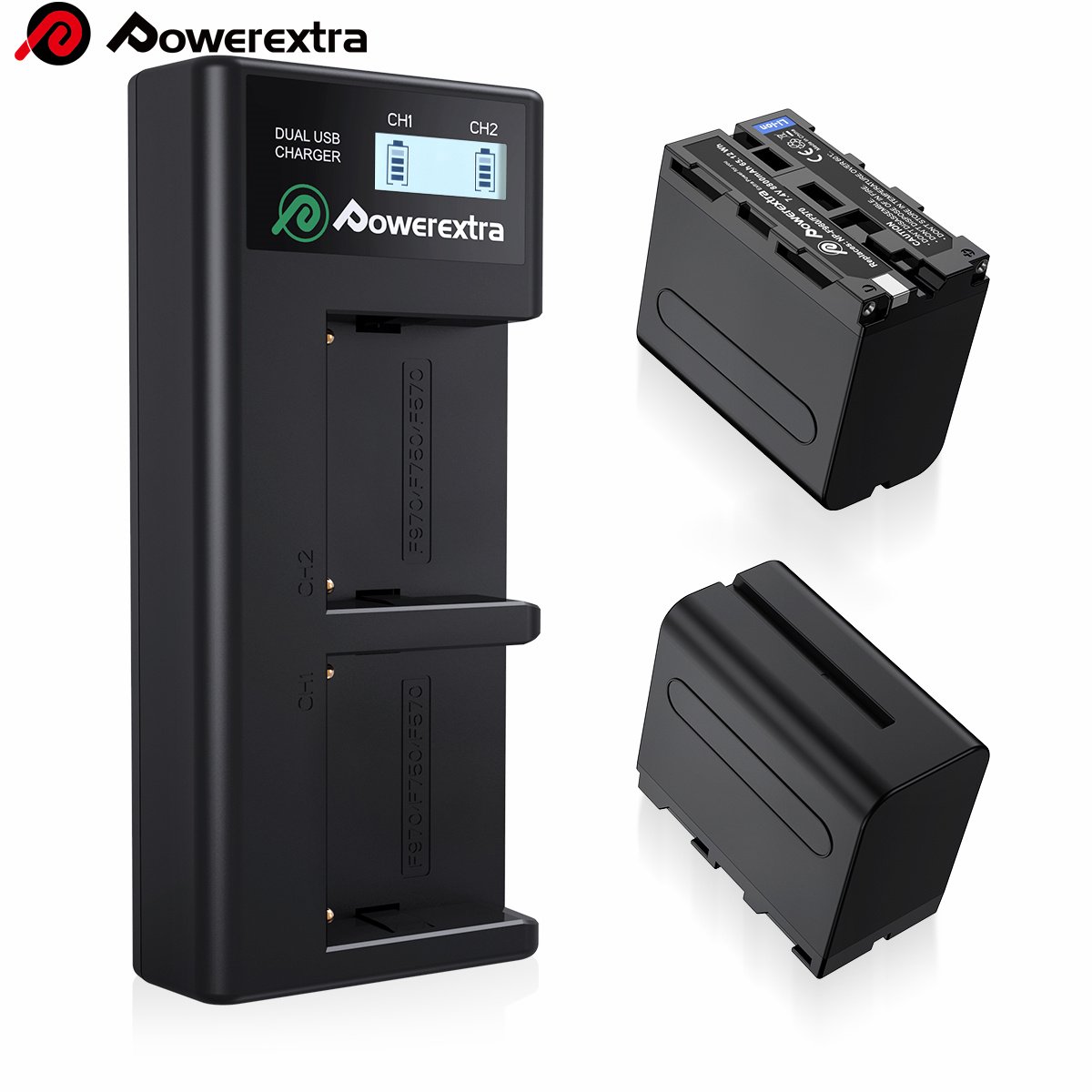 Powerextra Rechargeable Lithium ion NPF970 8800mAh 7.4V Replacement Camera Battery Pack With 2 slots Smart LED Battery Charger