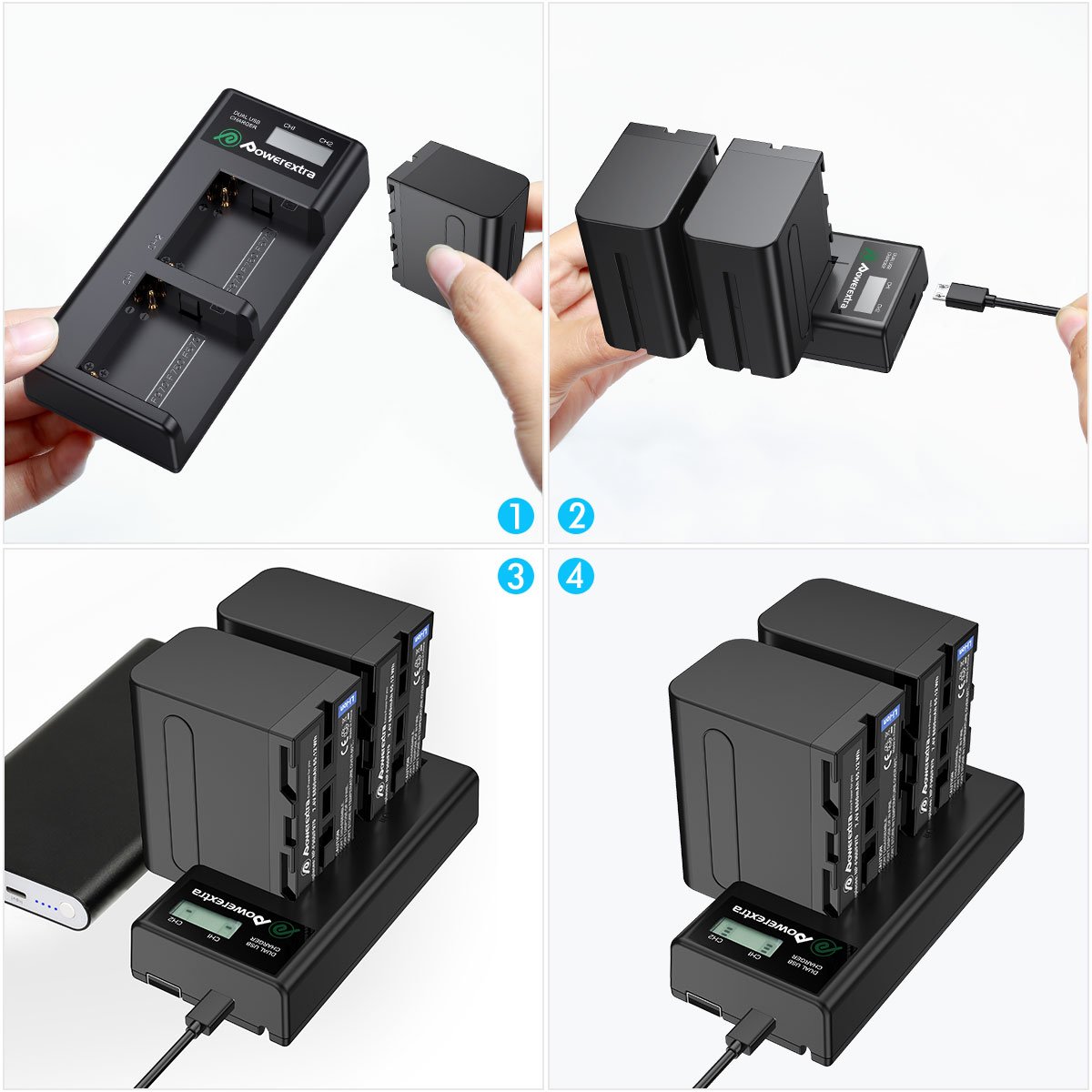 Powerextra Rechargeable Lithium ion NPF970 8800mAh 7.4V Replacement Camera Battery Pack With 2 slots Smart LED Battery Charger
