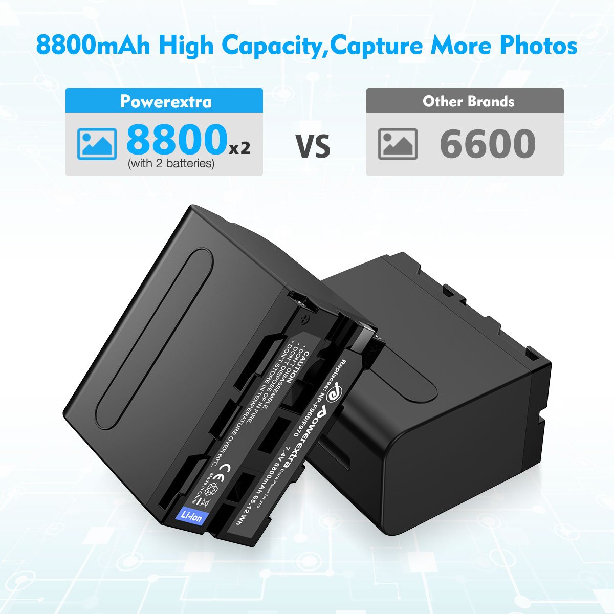 Powerextra Rechargeable Lithium ion NPF970 8800mAh 7.4V Replacement Camera Battery Pack With 2 slots Smart LED Battery Charger