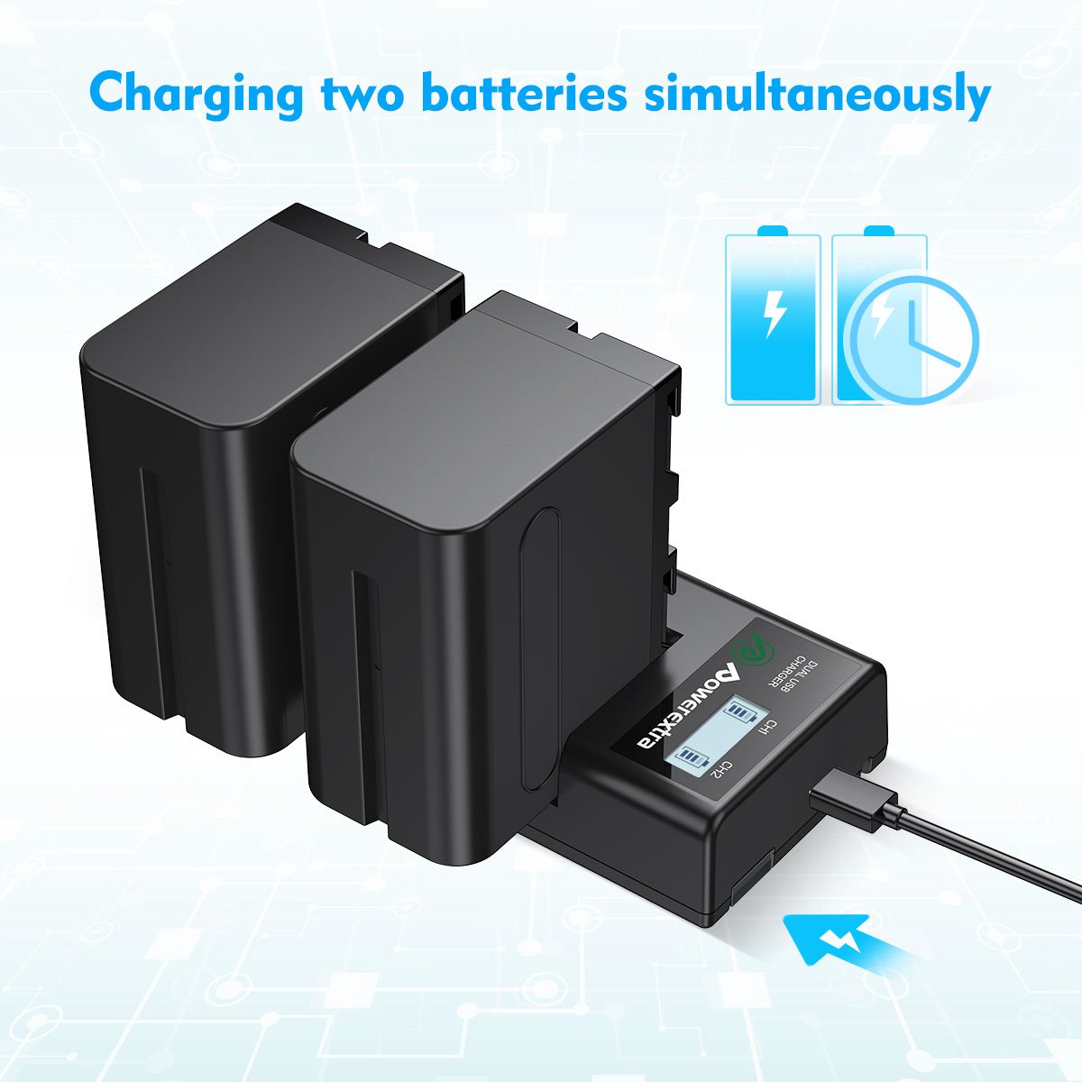 Powerextra Rechargeable Lithium ion NPF970 8800mAh 7.4V Replacement Camera Battery Pack With 2 slots Smart LED Battery Charger
