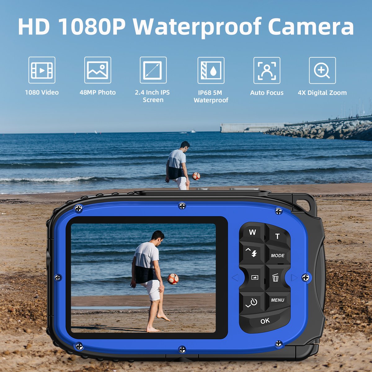 HD 1080P Waterproof Camera 2.4 Inch Screen IP68 5M Waterproof Auto Focus 4X Digital Zoom Underwater Camera for Snorkeling (Blue)