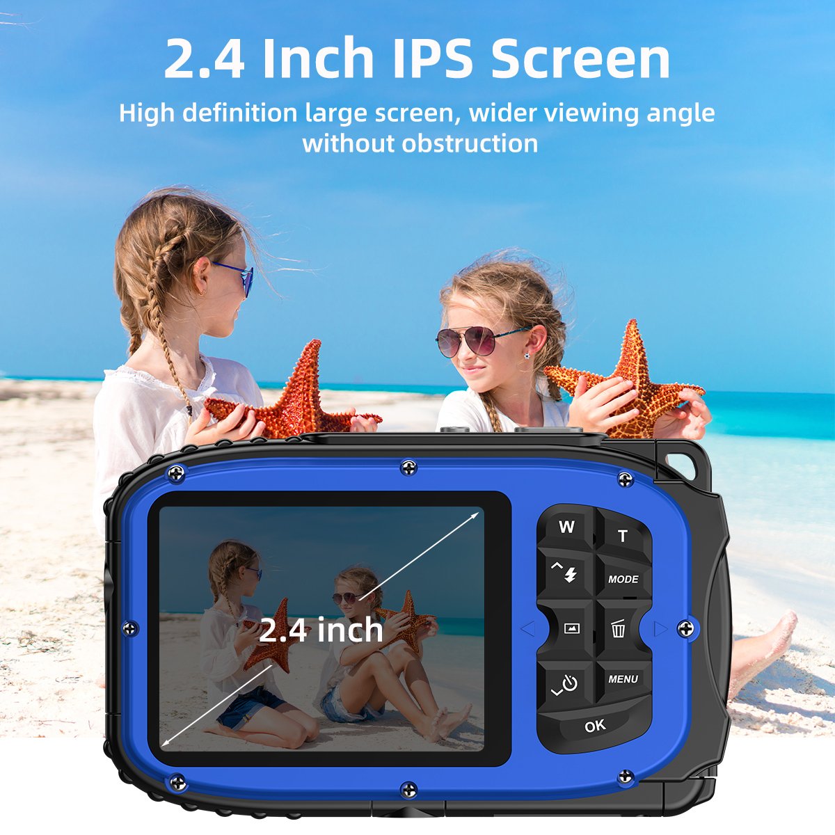 HD 1080P Waterproof Camera 2.4 Inch Screen IP68 5M Waterproof Auto Focus 4X Digital Zoom Underwater Camera for Snorkeling (Blue)