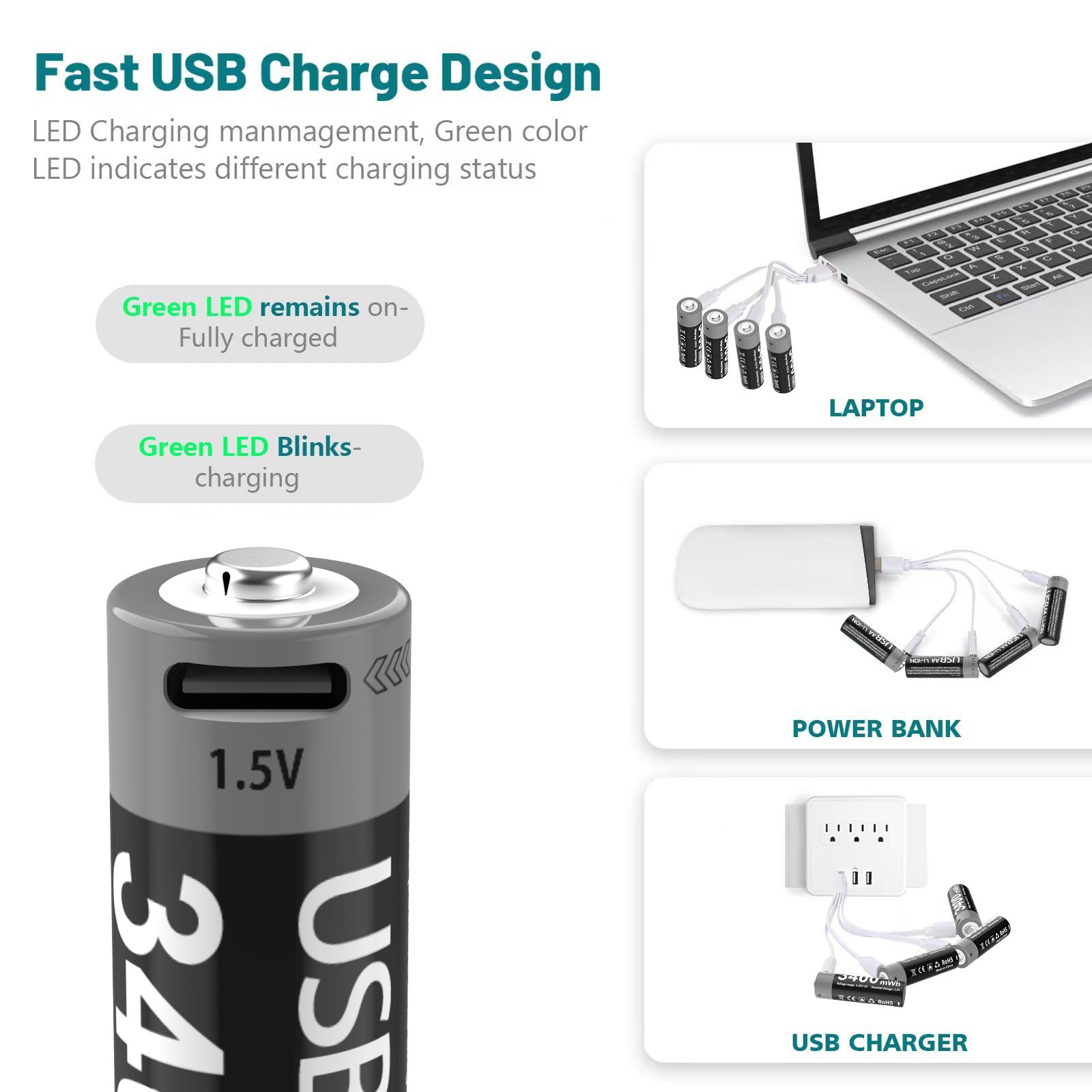 China Battery manufacturers 1.5V AA 3400mWh suitable for smart lock toy small appliances USB rechargeable lithium-ion battery