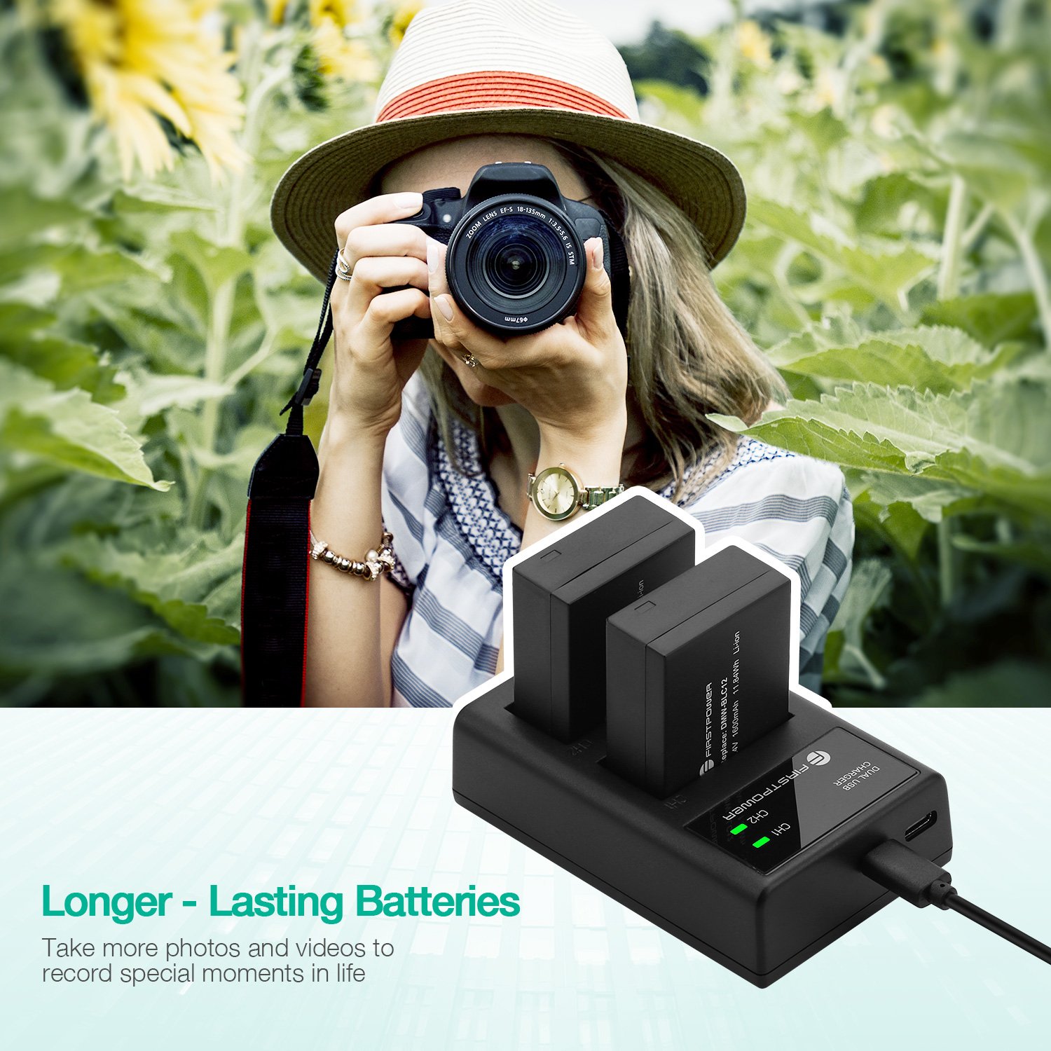 Mini Portable 2 Pack Rechargeable Camera Replacement DMW-BLC12 Lithium ion Batteries Dual USB LED Charger