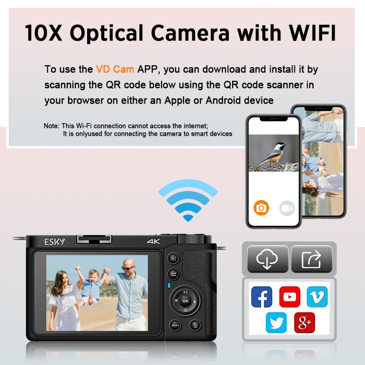 Real 4K Black Video Recording Digital Camera 3 Inch Screen Rechargeable Battery 64Megapixels 10X Optical Zoom Camera for Youtube