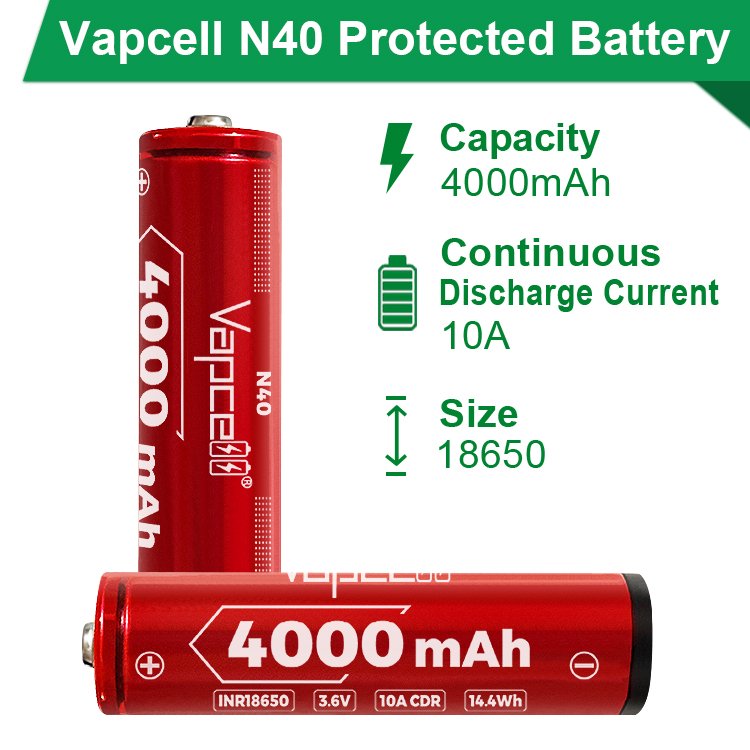 highest capacity Vapcell N40 18650 3.7V 4000mAh 10A with button top and protected high power li-ion battery for flashlight