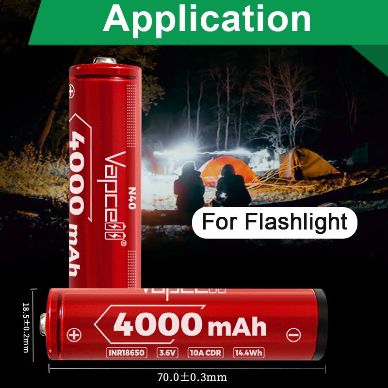 highest capacity Vapcell N40 18650 3.7V 4000mAh 10A with button top and protected high power li-ion battery for flashlight