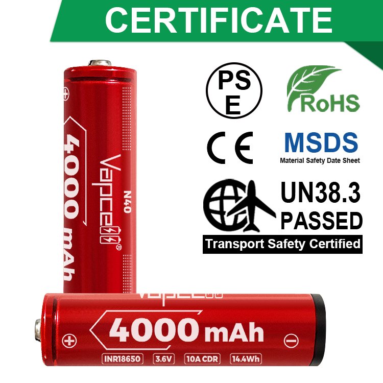 highest capacity Vapcell N40 18650 3.7V 4000mAh 10A with button top and protected high power li-ion battery for flashlight