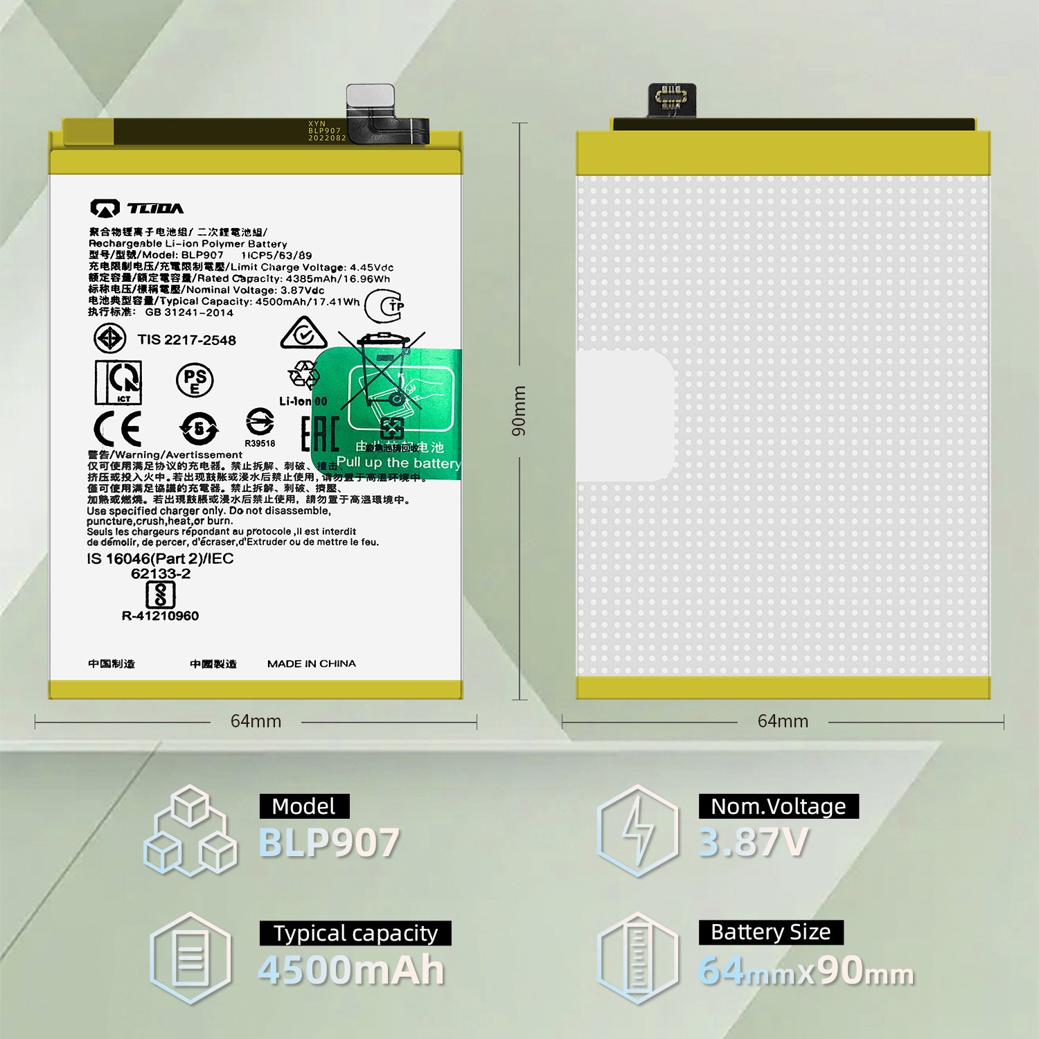 Original 0 cycle smart phone battery replacing for Oppo BLP907 3.87V 4500mAh Digital battery