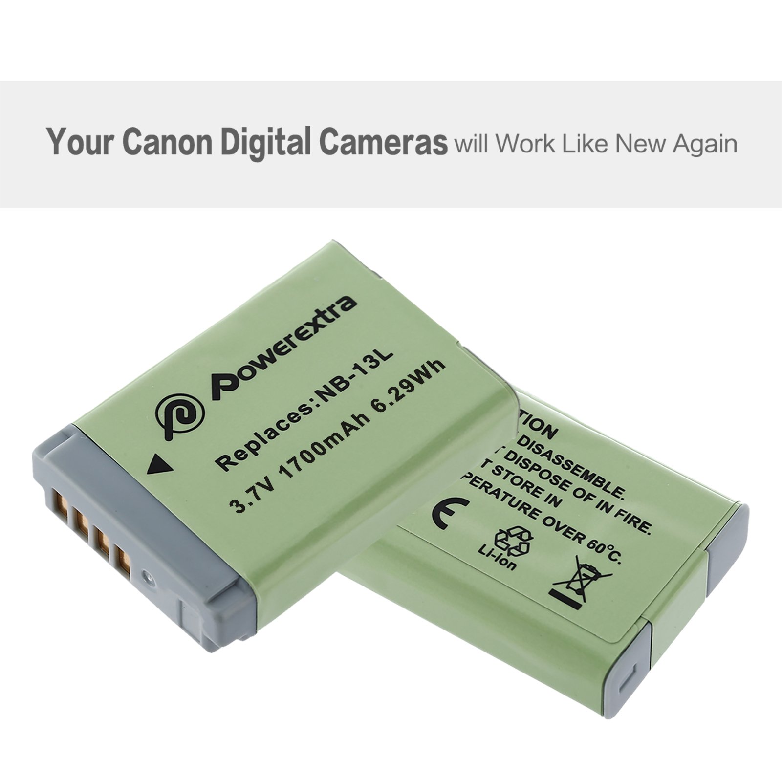 Powerextra Rechargeable 1700mAh 3.7V Li-ion Replacement NB-13L Replacement Lithium Battery For Canon Digital Camera