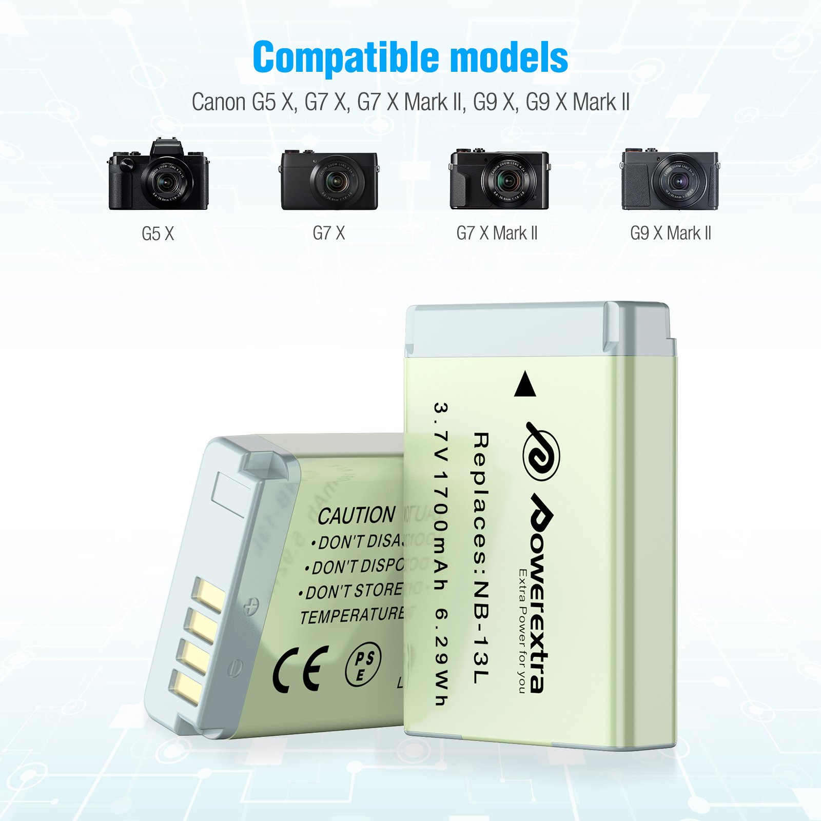 Powerextra Rechargeable 1700mAh 3.7V Li-ion Replacement NB-13L Replacement Lithium Battery For Canon Digital Camera