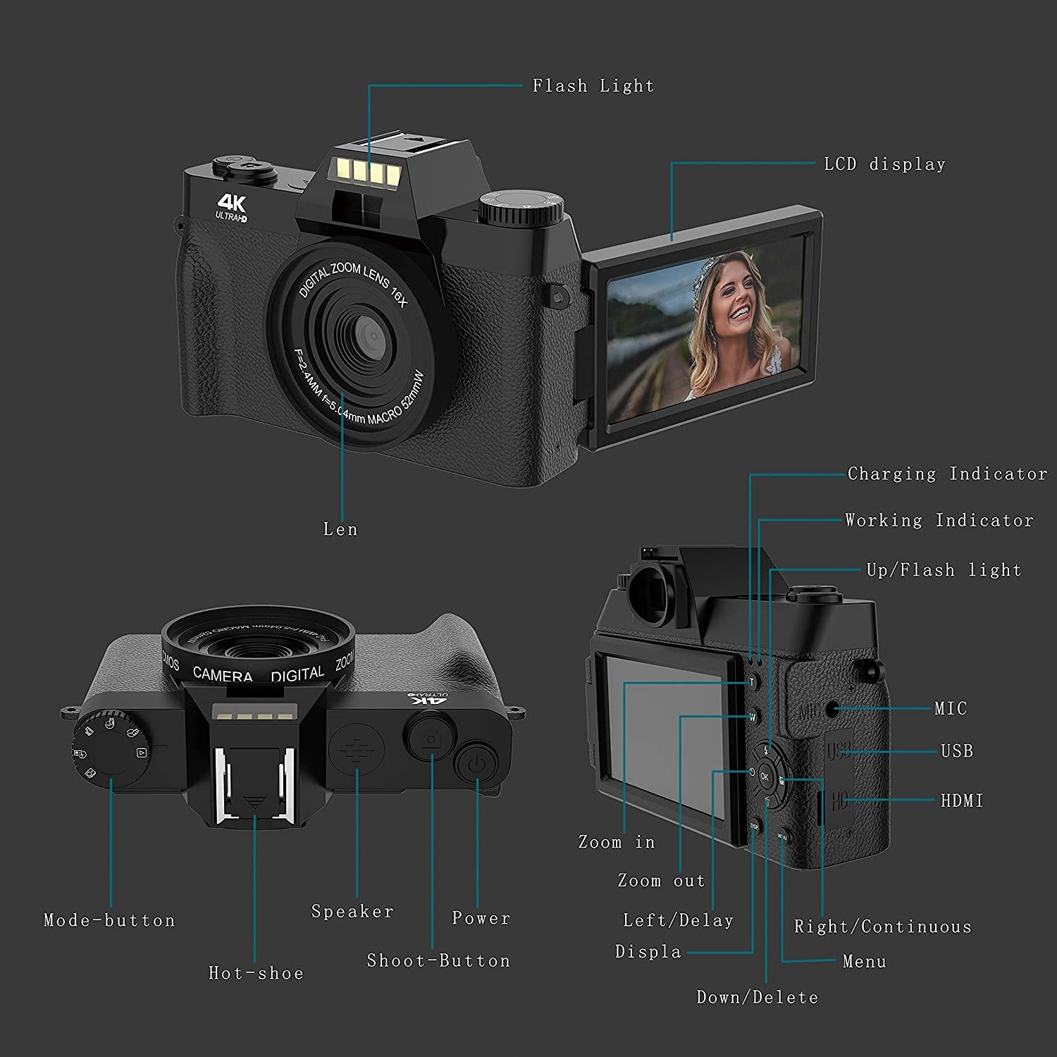 48MP 4K HD Digital Camera Vloggiong Camera with 3 Inch 180 Degree Flip Screen Wifi Digital Camcorder