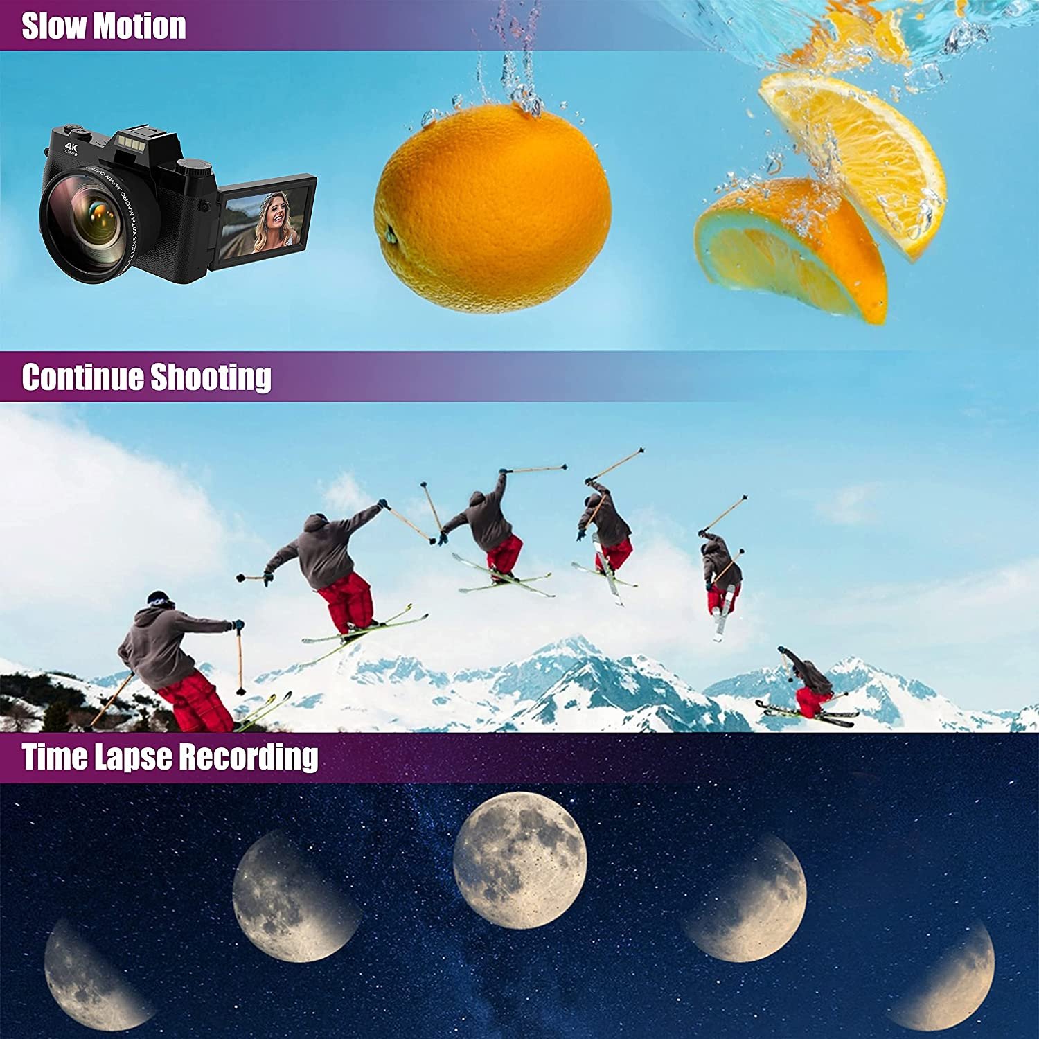 48MP 4K HD Digital Camera Vloggiong Camera with 3 Inch 180 Degree Flip Screen Wifi Digital Camcorder