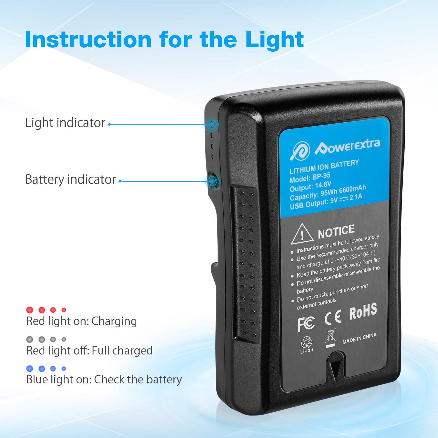 Powerextra Led Indicator USB Output Rechargeable 95wh 6600mAh 14.8v V Mount Digital Camera Lithium ion Batteries For Sony