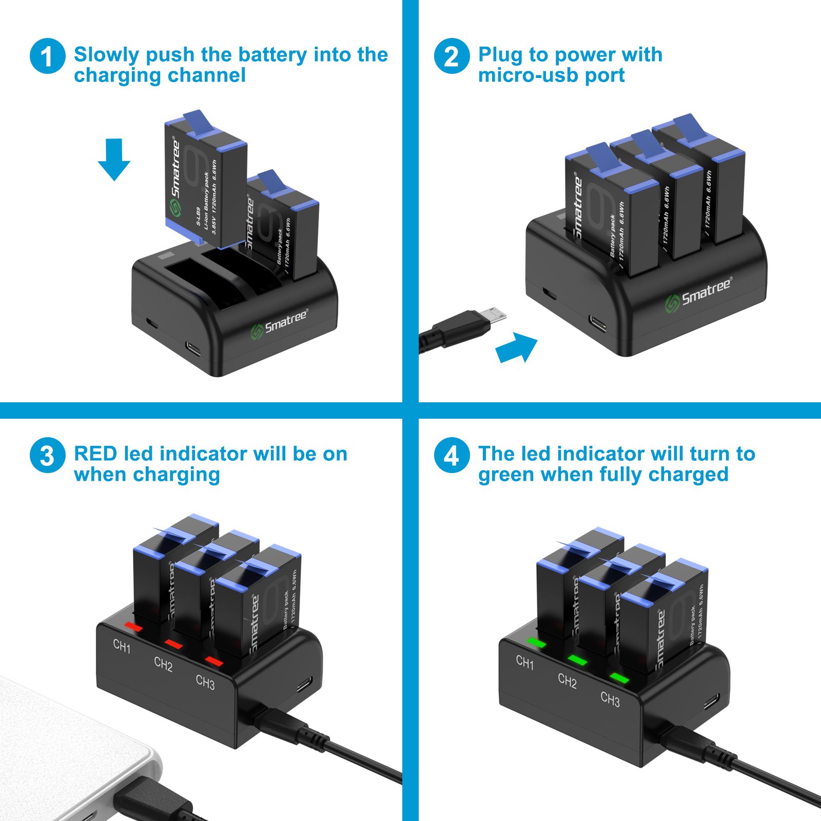 Go pro hero 9 high quality 3 channel digital camera charger kit batteries for Go pro hero 9
