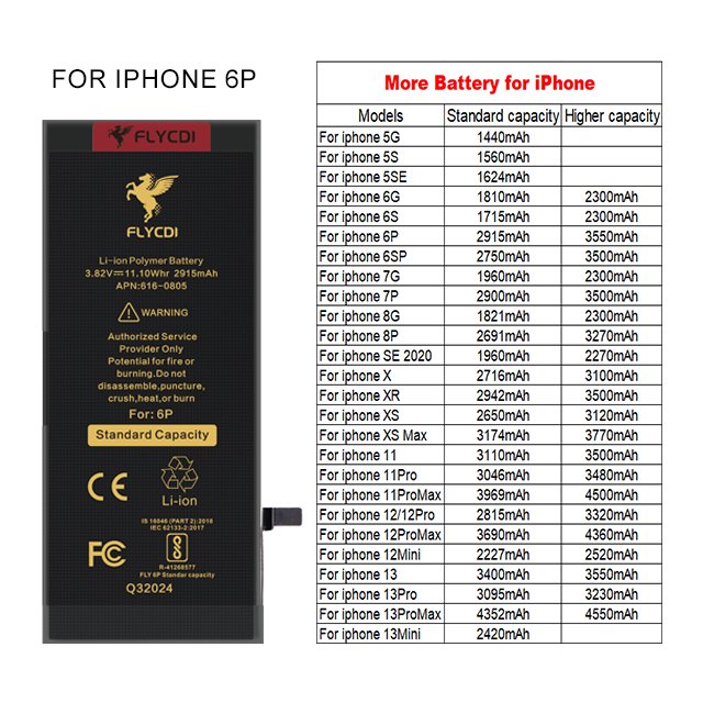FLYCDI 2024 Factory High Quality Cell Phone Battery for iPhone 6 6S 6P 6Sp 7 7P 8 8P X Xr Xs 11 12 13 14 15Pro Digital Batteries