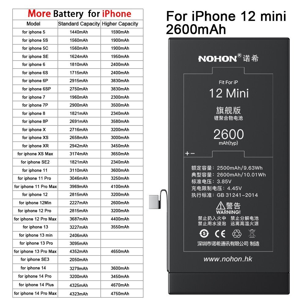 Nohon Lithium ion replacement rechargeable new digital batteries cell 2600mAh mobile phone battery for iPhone 12 mini