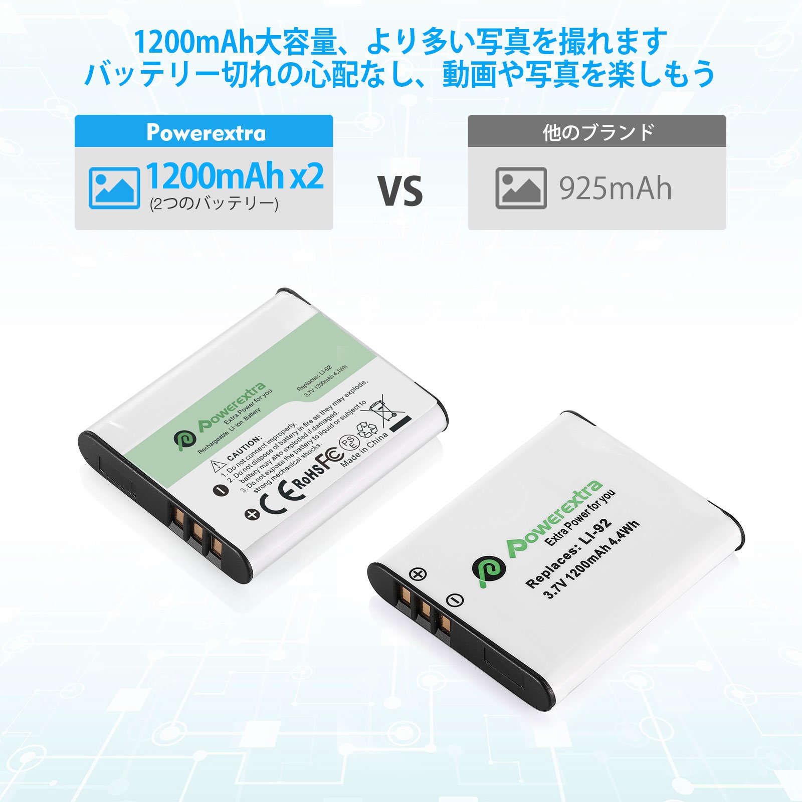 Powerextra 3.7v 1200mAh Camera Rechargeable LI92 Lithium Replacement Batteries Pack For Olympus LI-50B Pentax D-LI92